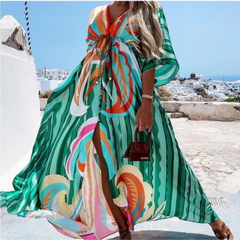 CLOSEOUT! FIRM 🌸 Gorgeous Multicolor Button Pattern Flowy Boho Resort Maxi - Picture 6 of 9